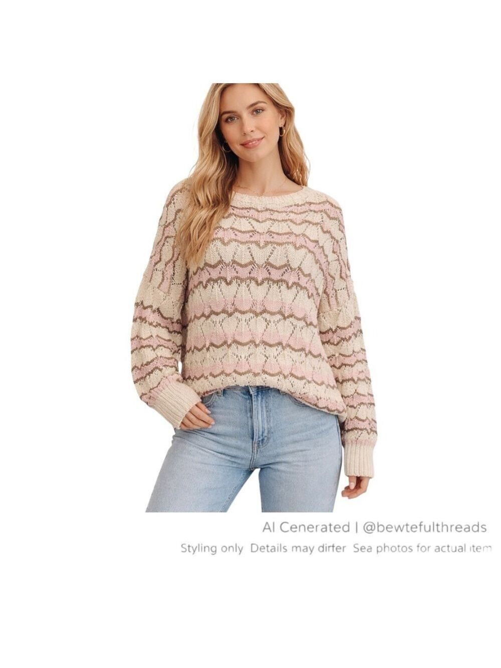 Vintage Open Knit Scallop Sweater Cream Pink Brown Oversized M/L